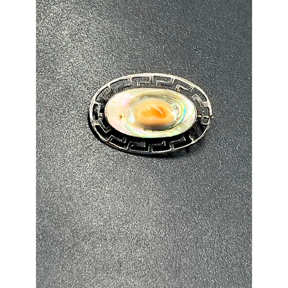 Vintage Sterling Silver Abalone Shell Brooch Pin Antique Greek Key Border - Picture 7 of 10